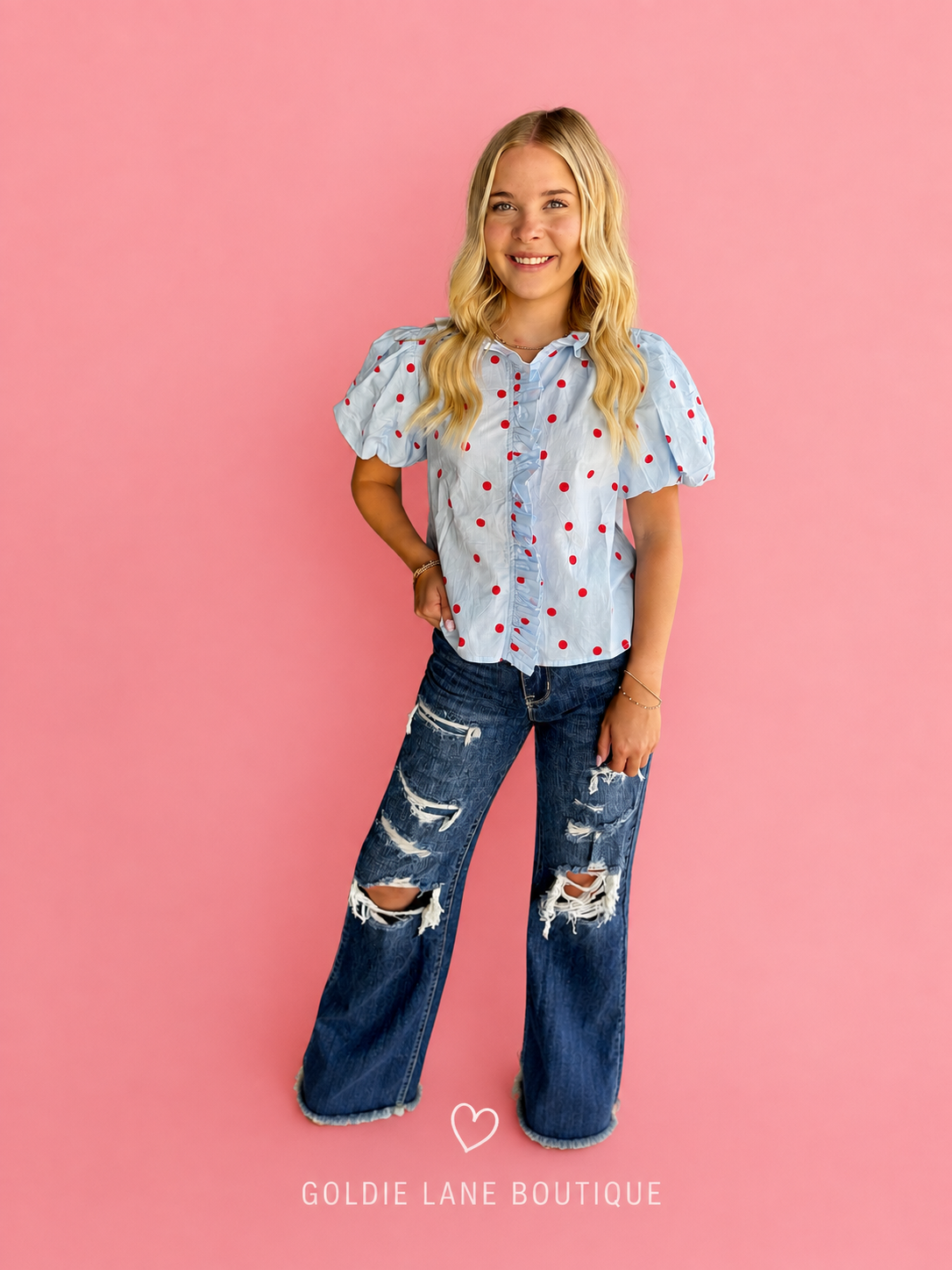 Polka Dot Ruffled Button Down Top