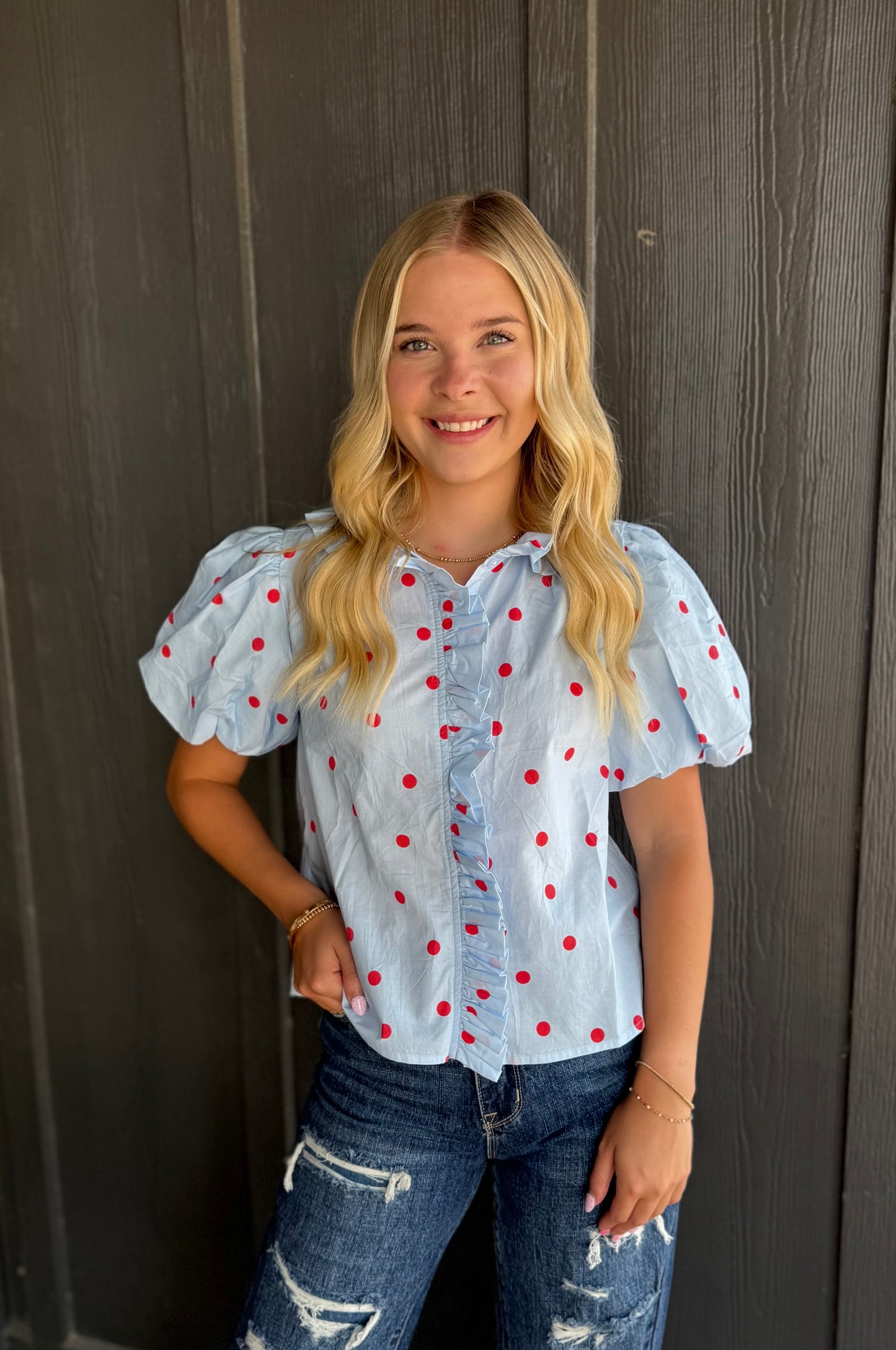 Polka Dot Ruffled Button Down Top
