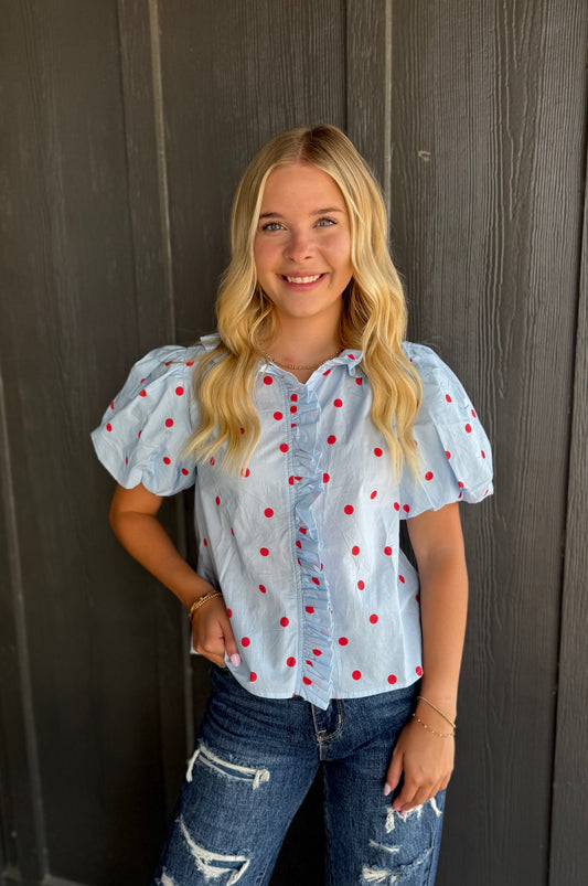 Polka Dot Ruffled Button Down Top